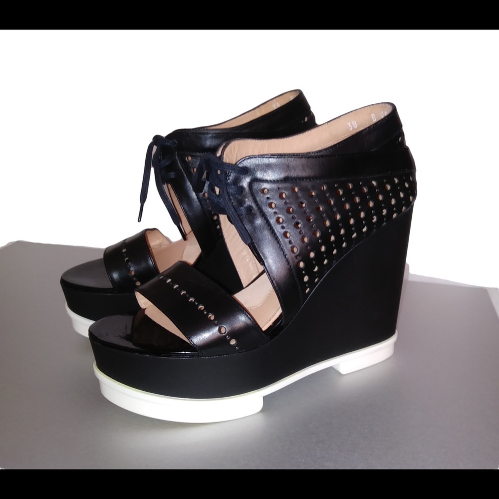 Clergerie NIB Burer Blk/Wht Wedge Tie Shoe Sz 7.5